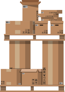 Ahşap paletler üzerinde kazık karton kutular