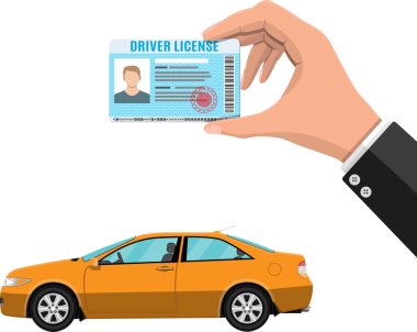 Sürücü lisansı'nda el ve turuncu sedan araba