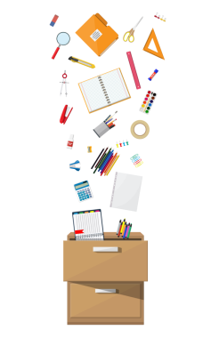 Ahşap çekmece içinde ofis aksesuarları