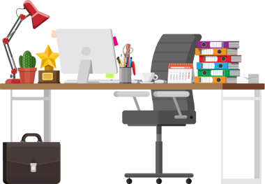 Bilgisayarlı, sandalyeli, lambalı, kitaplı ve belgeli ofis masası