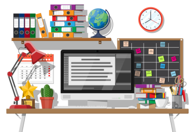 Bilgisayarlı, sandalyeli, lambalı, kitaplı ve belgeli ofis masası