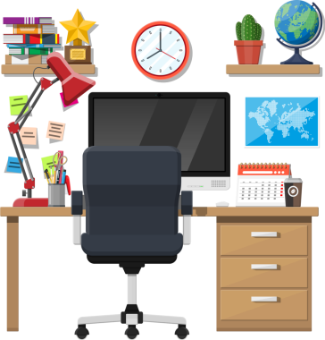 Bilgisayarlı, sandalyeli, lambalı, kitaplı ve belgeli ofis masası