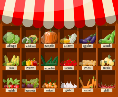 Sebze ile ahşap süpermarket raf.