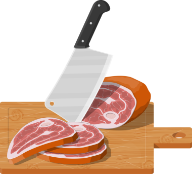 Ahşap tahtada et dilimlenmiş mutfak bıçağıyla..