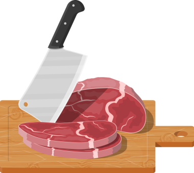 Ahşap tahtada et dilimlenmiş mutfak bıçağıyla..