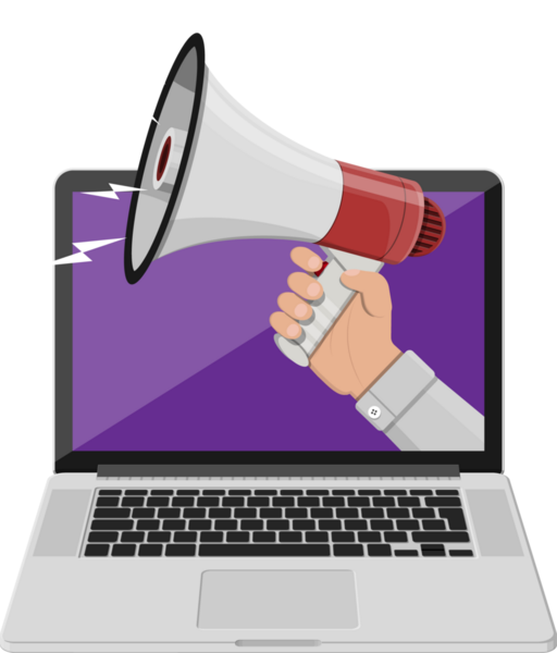 Laptop gelen el tutan megafon.