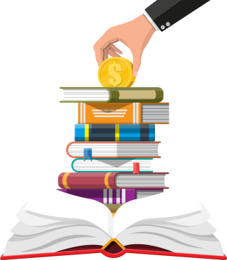 Açık kitap ve altın para elinde. Eğitim tasarrufu ve yatırımı