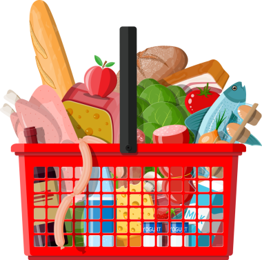 Plastik alışveriş sepeti ve taze ürünler..