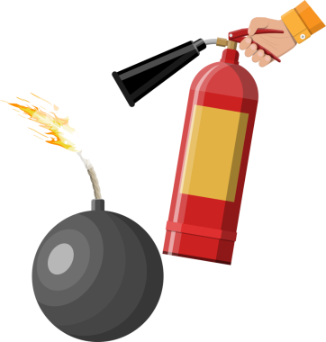 Siyah top bombası patlamak üzere ve yangın söndürücü....