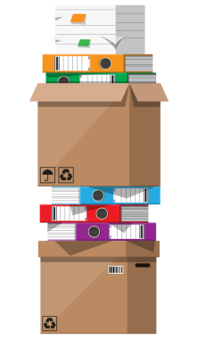 Kağıt belge yığını, dosya dizinleri ve karton kutular.