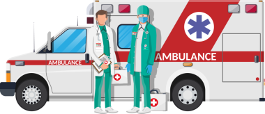 Ambulans personeli konsepti. Steteskopu ve çantası olan beyaz önlüklü bir doktor..