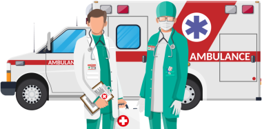 Ambulans personeli konsepti. Steteskopu ve çantası olan beyaz önlüklü bir doktor..