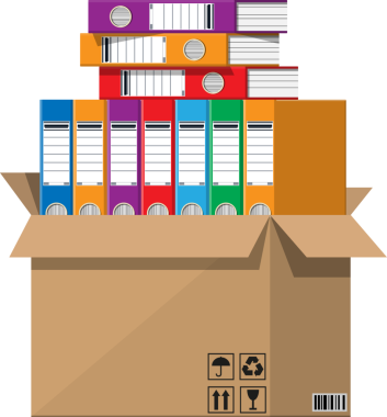 Kağıt belge yığını, karton kutudaki dosya dizinleri.