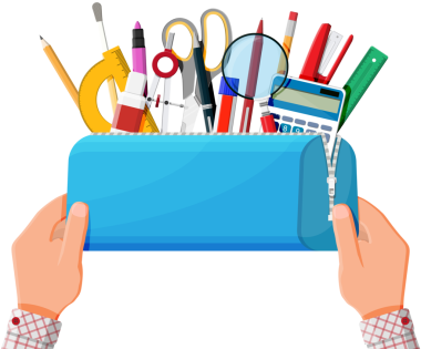 Kırtasiye eşyalarıyla dolu bir fermuar ile kalem kılıfını aç.