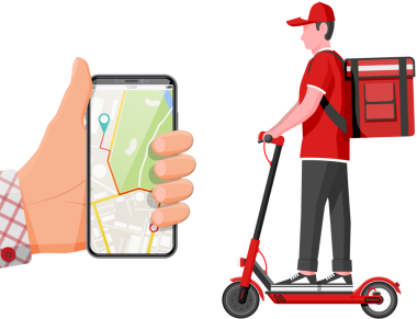 Uygulamalı akıllı telefon ve scooter kullanan adam.