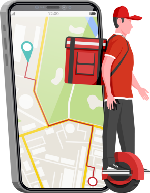 Uygulamalı akıllı telefon ve kutulu monowheel kullanan adam.