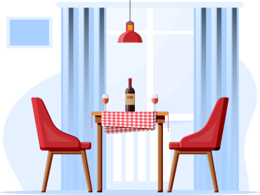 Ev yemeği odası, sandalyeli masa ve lamba..