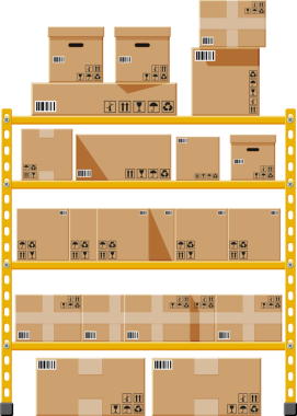 Karton kahverengi kutuları olan metal raflar.