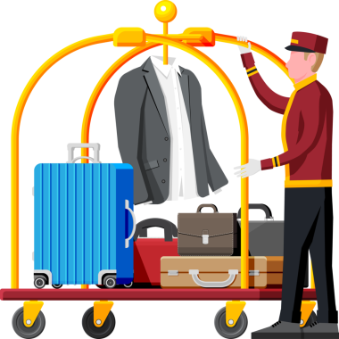 Otel belboyu iş yerinde misafir çantaları taşıyor..