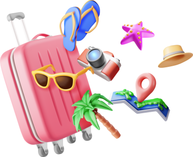 3D palmiye ağacı, seyahat çantası, küre ve fotoğraf makinesi.