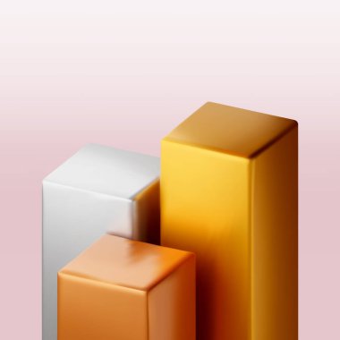 3D altın, gümüş ve bronz kare podyum izole edildi. Şampiyon ödül töreni için sahne kaidesi oluşturun. Ürün sunumu için podyumu kapatın ya da kazanın. Vektör illüstrasyonu