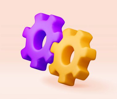 Üç boyutlu geometrik renkli dişli tekerlekleri. Çark izole edildi. İş ekibi ve takım çalışması konsepti. Ortaklık, iş, işbirliği, işbirliği ve yönetim. Düz vektör illüstrasyonu