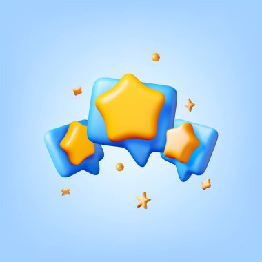 Mavi arka planda 3D renkli yıldız şekilli konuşma baloncukları. Yıldız değerlendirmesi gerçekçiliğini gözden geçirir. İfadeler, değerlendirme, geri bildirim, anket, kalite ve gözden geçirme. Başarılar ya da amaç. Vektör illüstrasyonu