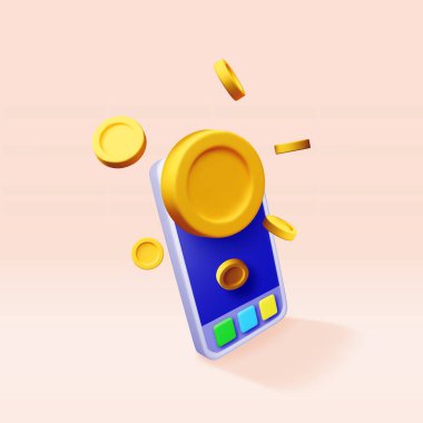 3 Boyutlu Akıllı Telefon ve Havada Para İzole Edildi. Cep telefonunu altın sikkeyle yapıştır. Mobil Çevrimiçi Ödeme ve Transfer. Finans, Yatırım, Tasarruf. İnternet Kumarhanesi. Vektör İllüstrasyonu