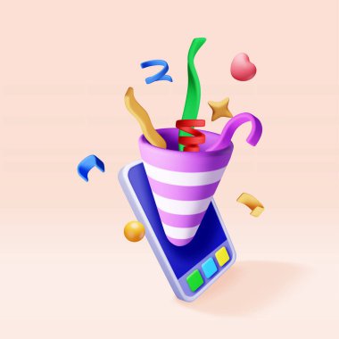 Cep telefonunda konfeti olan 3D parti patlatıcı. Akıllı telefondan plastik konfeti yap. Çeşitli şekillerde renkli kestane fişeği elementleri. Parti ya da doğum günü sürprizi. Vektör illüstrasyonu