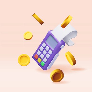3D Ödeme Simgeleri Ayarlandı. Terminali Kart, Bozuk Para ve Makbuzla Hazırla. Modern POS Banka Ödeme Aygıtı. Ödeme NFC Klavye Makinesi. Altın Paralar. Kredi Kartı Okuyucu. Vektör illüstrasyonu