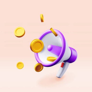 Pembeye izole edilmiş üç boyutlu megafon. Plastik megafonu parayla gerçekçi yap. Modern megafon ya da hoparlör. Duyuru mesajı, pazarlama, iş, dikkat. Vektör illüstrasyonu