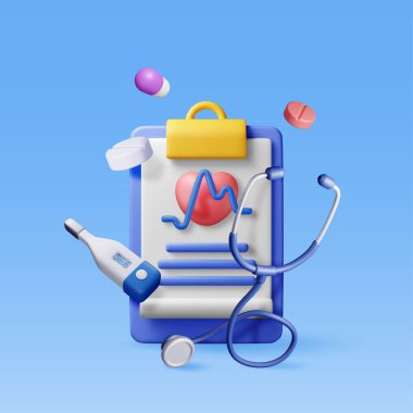 Tıbbi kontrollü, steteskoplu ve haplı 3D pano. Sağlık için kontrol listesi ile ilk yardım raporunu hazırla. Sağlık kontrolü konsepti. İlk yardım, eczane, eczane ve sağlık hizmetleri. Vektör illüstrasyonu