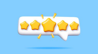 Mavi üzerine üç boyutlu renkli yıldız şekilli konuşma balonu. Beş yıldızlı sohbet balonu oluşturun. Bilgilendirme şekli modeli. İletişim, web, sosyal ağ medyası, uygulama düğmesi. Vektör illüstrasyonu