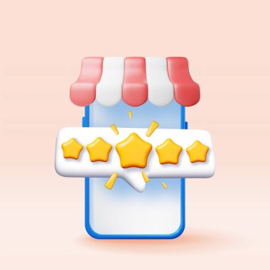 Tenteli üç boyutlu akıllı telefon ve beş yıldızlı baloncuk. Derecelendirme uygulamalı telefon. Çevrimiçi alışveriş hizmeti geri bildirimi. İşletme derecesi, geri bildirim, anket, kalite, inceleme. Vektör İllüstrasyonu