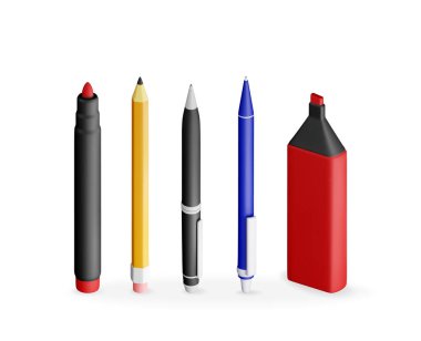 Üç boyutlu kalem, kalem, beyaz üzerine izole işaretler. Tükenmez kalem, silgi ve keçeli kalem koleksiyonu. Ofis ve okul malzemeleri, kırtasiye malzemeleri. Vektör illüstrasyonu