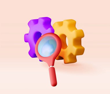 3 boyutlu dişliler ve izole büyüteçler. Hoparlörü çark ikonuyla donatın. Arama motoru optimizasyonu, hata ayıklama, yazılım güncellemesi. İnceleme, teftiş ve analiz servisi. Vektör illüstrasyonu