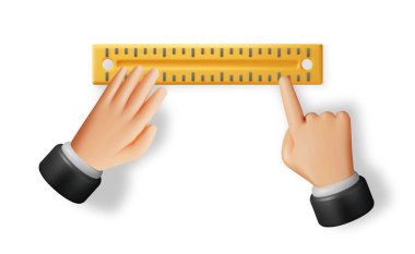 Beyaz ellerde bulunan 3D plastik cetvel. Eğitim ve iş için sarı cetvel yap. Kırtasiye ve ofis malzemeleri. Mühendislik aleti. Vektör illüstrasyonu