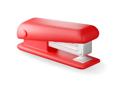 Üç boyutlu kırmızı plastik zımba beyaza izole edilmiş. Zımba zımbası simgesi oluştur. Çarşafları bağlamak için bir aygıt. Ofis ve okul malzemeleri, kırtasiye veya malzeme. Vektör illüstrasyonu