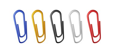 Beyaz üzerine izole edilmiş üç boyutlu renkli ataçlar. Ataç simgelerinin derlemesini yap. Eğitim ve iş aletleri. Kırtasiye ve ofis malzemeleri. Vektör illüstrasyonu