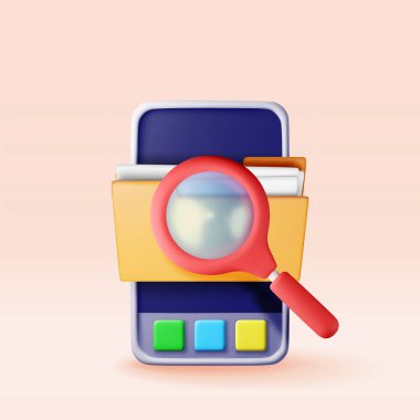 Veritabanında 3 boyutlu akıllı telefon ve arama bilgileri var. Arama belgesi dosyalarını oluştur. Dosya sistemi yönetimi. Keşif, analiz, araştırma, soruşturma, araştırma seosu ve yönetim. Vektör illüstrasyonu