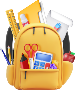 3D okul çantası kırtasiye malzemeleriyle dolu.