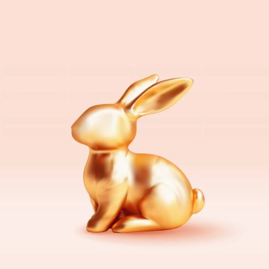 3 boyutlu altın paskalya tavşanı izole edilmiş. Soyut tavşan ikonu porseleni yap. Altın çikolatalı tavşan sembolü. Paskalya bayramı dekorasyonu. Vektör illüstrasyonu