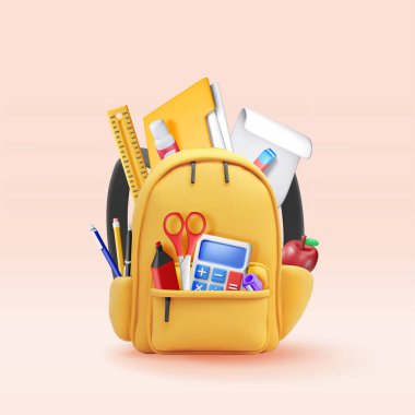3D okul çantası kırtasiye malzemeleriyle dolu. Okul konseptine geri dönelim. Okul malzemeleri sırt çantasında. Elma, hesap makinesi, kalem cetvel. Eğitim ve öğrenim. Vektör illüstrasyonu