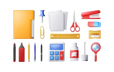 3D kırtasiye simgeleri izole edildi. Ofis malzemeleri koleksiyonu. Kağıt, cetvel, klasör, kalem, kalem, hesap makinesi, makas. Ofis malzemeleri, okul ve eğitim ekipmanları Vektör illüstrasyonu