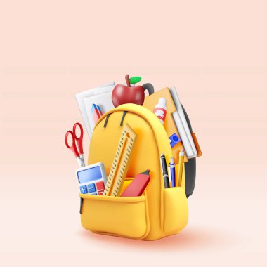 3D okul çantası kırtasiye malzemeleriyle dolu. Okul konseptine geri dönelim. Okul malzemeleri sırt çantasında. Elma, hesap makinesi, kalem cetvel. Eğitim ve öğrenim. Vektör illüstrasyonu