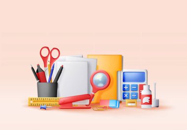 3D ofis kırtasiye ikonu seti izole edildi. Okulun temel erzak konseptine geri dönelim. Eğitim, iş, öğrenim, öğrenim ve yaratıcı tasarım için kırtasiye koleksiyonu. Vektör illüstrasyonu