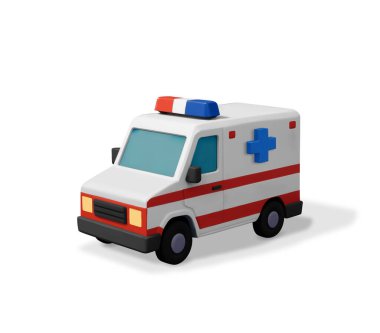 Mavi tıbbi haçı olan 3D ambulans aracı izole edildi. Hastane servis ikonu için acil durum aracı hazırlanıyor. Sağlık, acil durum ve acil durum hizmetleri. Vektör illüstrasyonu