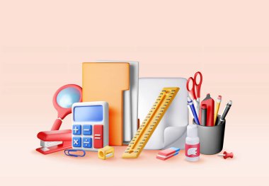 Üç boyutlu kırtasiye malzemesi seti izole edildi. Okulun temel ihtiyaçlarını karşılayın. Eğitim, iş, öğrenim, öğrenim ve yaratıcı tasarım için kırtasiye koleksiyonu. Vektör illüstrasyonu