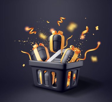 Üç boyutlu alışveriş sepeti ve konfeti kutuları. Bayram kutlamaları için altın kurdeleli lüks hediyeler. Kara Cuma satışında aile ve arkadaşlar için hediye. Vektör illüstrasyonu