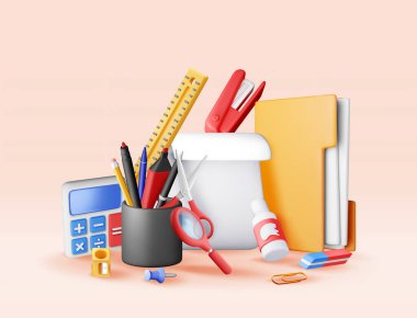 Üç boyutlu kırtasiye malzemesi yığını izole edildi. Okulun temel ihtiyaçlarını karşılayın. Eğitim, iş, öğrenim, öğrenim ve yaratıcı tasarım için kırtasiye koleksiyonu. Vektör illüstrasyonu